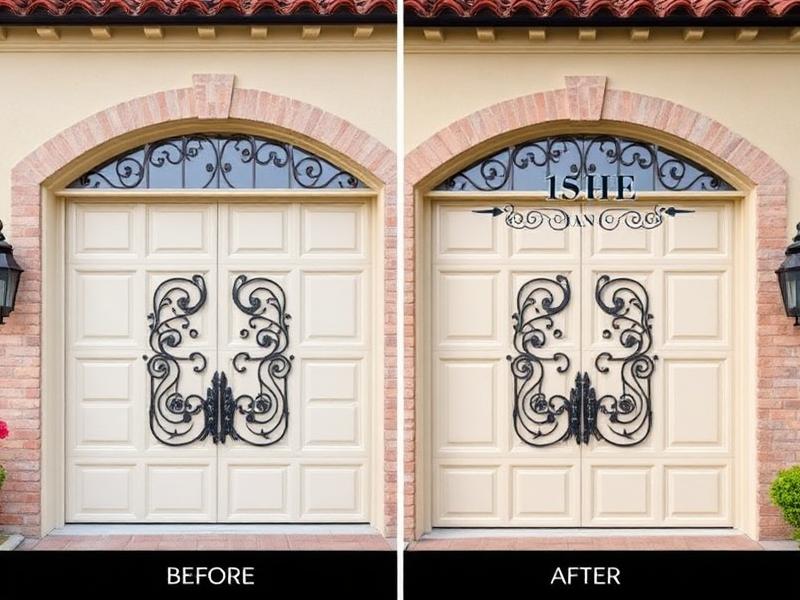 Before and after Spanish colonial style garage door installation with decorative iron grilles